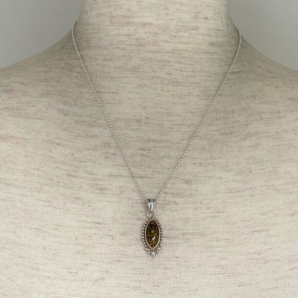Sterling Silver 925 Baltic Amber Cabochon Pendant Necklace 18" Rolo Chain - Picture 2 of 16